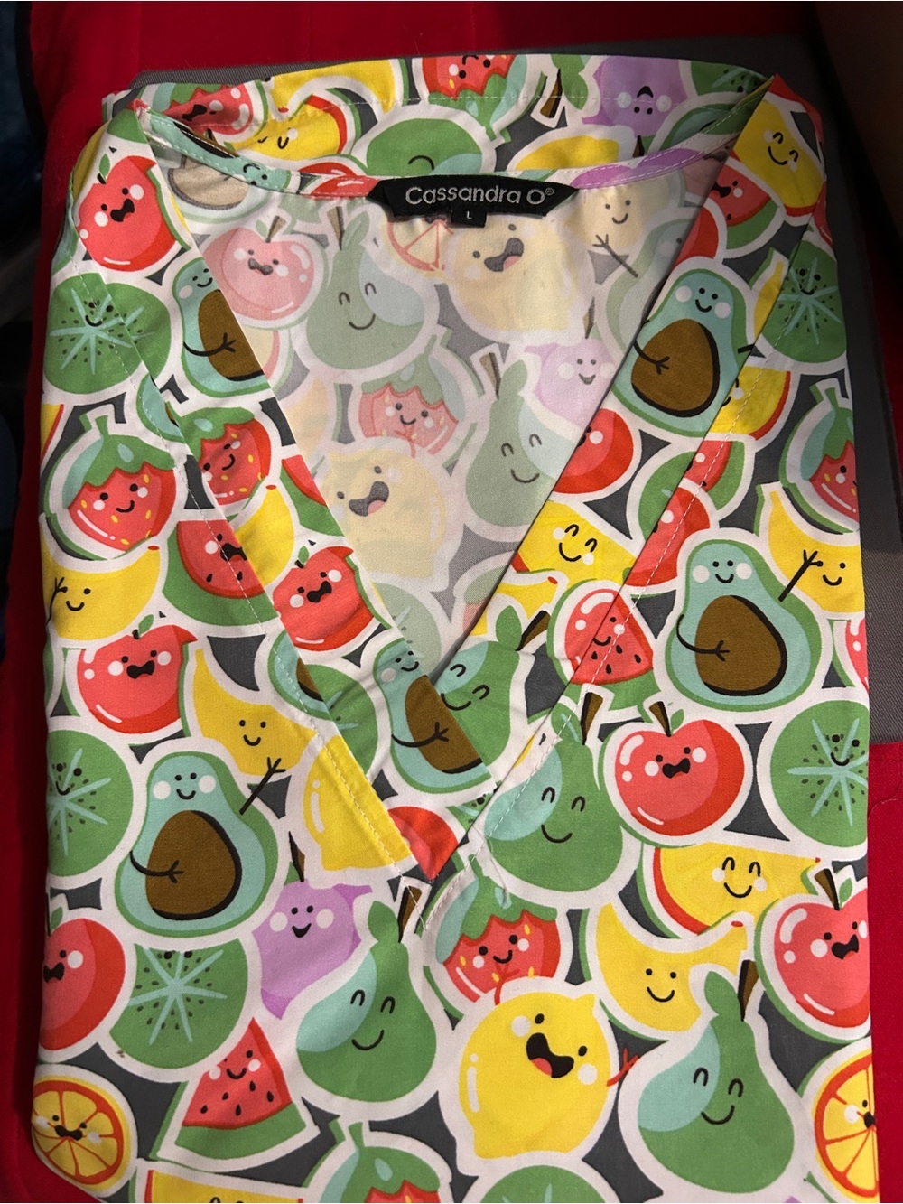 Cassandra O Scrub Top Large Cute Happy Fruit Avocado Strawberry Lemon Nurse